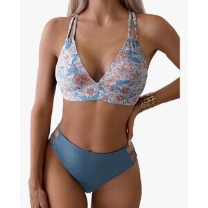 Floral Print‎ Bikini Swimsuit Blue Coral Tankini Top High Waist Bottom XXL NWOT